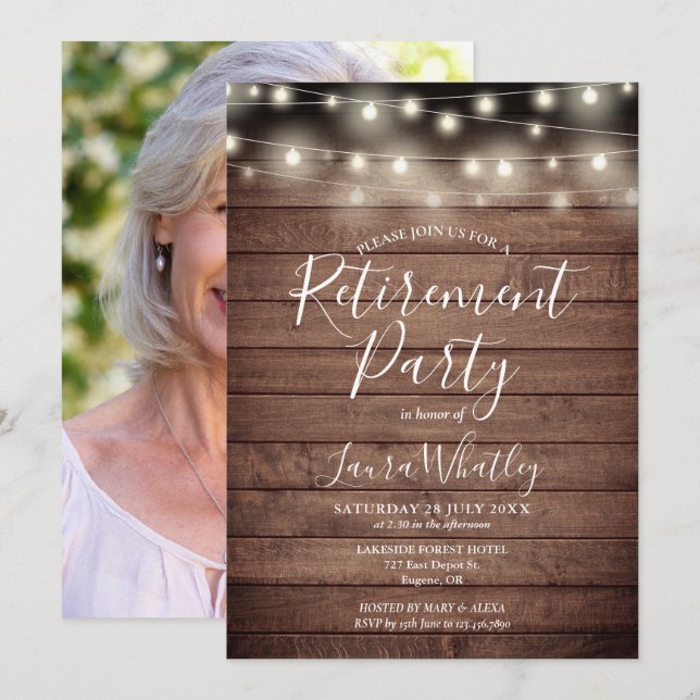 Convite Luzes de Corda em Madeira Rústica Foto Festa de Ap (Frente/Verso)