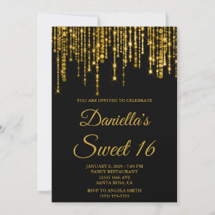 Convite Luzes de Corda Espelhadas Douradas Black Sweet 16