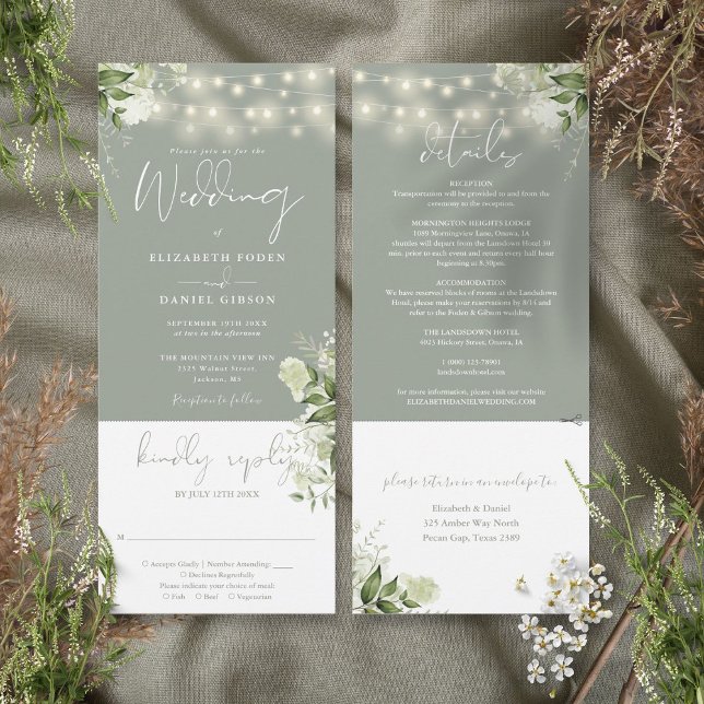Convite Luzes de Corda Flora Verde Sage Casamento Tudo em  (String Lights Floral Sage Green All In One Wedding Invitation)