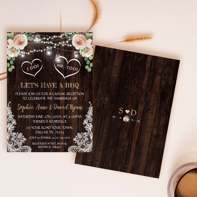 Convite Luzes de Corda Florais de Champanhe Rosa Celeiro E (rustic we said I do bbq, boho floral wood wedding bbq invite, trendy lace floral I do bbq invite)