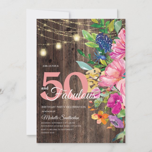 Convite Luzes de Corda Florais Rosa de Madeira Rústica 50  (Frente)