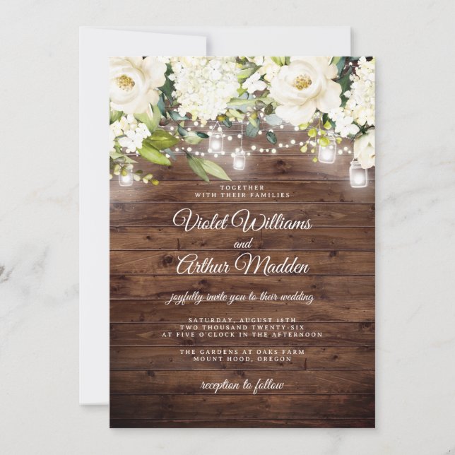 Convite Luzes de Corda Florais Rústicas Elegantes Casament (Frente)