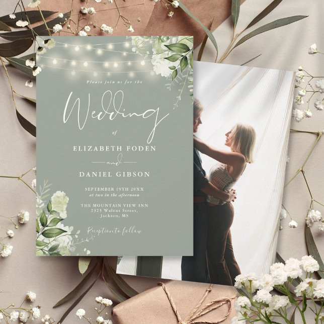 Convite Luzes de Corda Florais Verde Sálvia Foto Casamento (Sage Green Floral String Lights Photo Wedding Invitation)