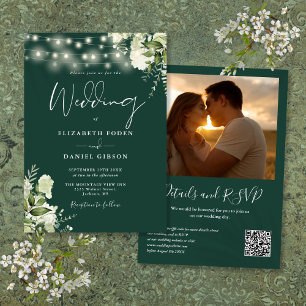 Convite Luzes de Corda Floral Esmeralda Código QR Foto Cas
