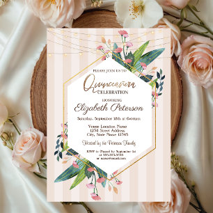 Convite Luzes de Corda Floral Listras de Madeira Quinceañe