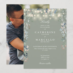 Convite Luzes de Corda Floral Verde Sálvia Foto Casamento