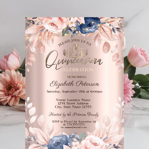 Convite Luzes de Corda Flores Azuis Dourado Rosa Quinceañe