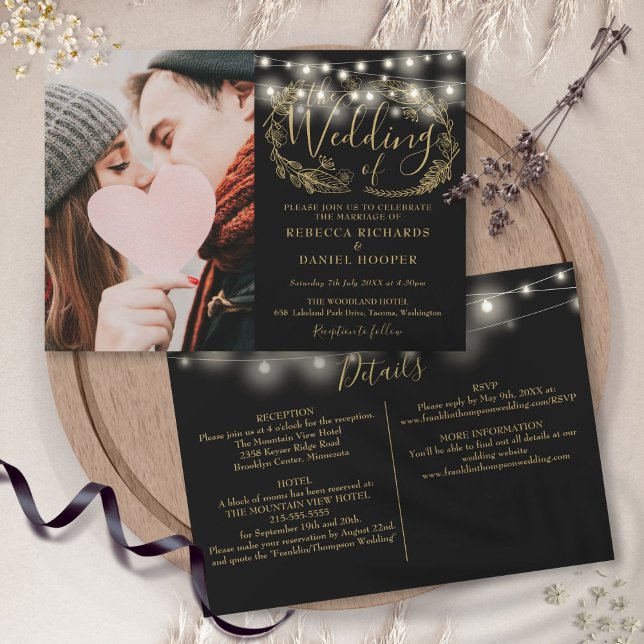 Convite Luzes de Corda Folhagem Dourada Foto Detalhes Casa (String Lights Gold Foliage Photo Wedding Details Invitation)