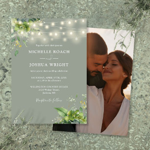 Convite Luzes de Corda Folhagem Foto Casamento Verde Sage