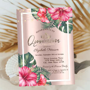 Convite Luzes de Corda Hibisco Dourado Rosa Quinceañera