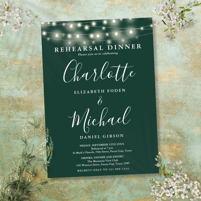 Convite Luzes de Corda Jantar de Ensaios Roteiro Esmeralda (String Lights Emerald Script Rehearsal Dinner Invitation)
