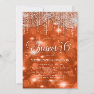 Convite Luzes de Corda Laranja Elegantes Bokeh Sweet 16
