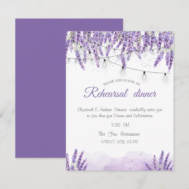 Convite Luzes de Corda Lavanda com Aquarela Jantar de Ensa (Frente/Verso)