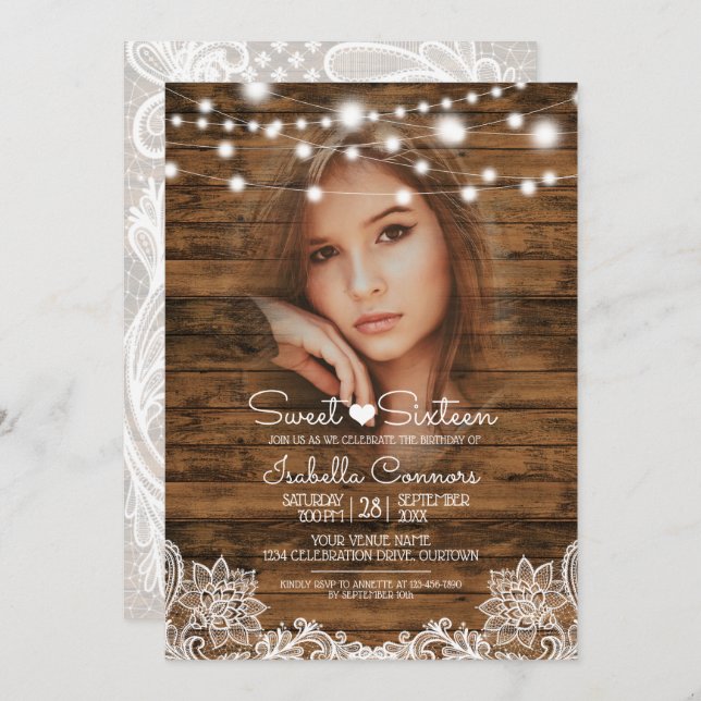 Convite Luzes de Corda Madeira e Renda Festa Sweet 16 (Frente/Verso)