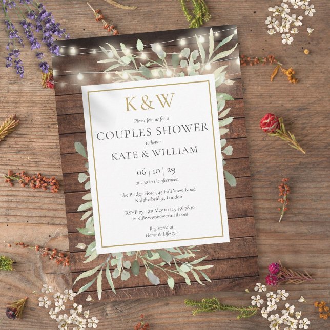 Convite Luzes de Corda Monograma de Casal no Chá de Noiva  (String Lights Wood Monogram Couples Shower Invitation)
