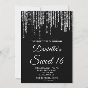 Convite Luzes de Corda Prateadas Brilhantes Black Sweet 16
