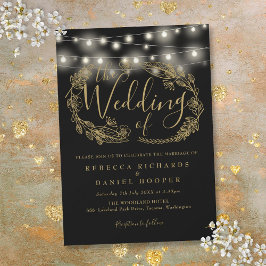 Convite Luzes de Corda Pretas e Douradas Roteiro Casamento