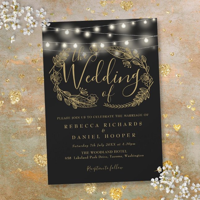 Convite Luzes de Corda Pretas e Douradas Roteiro Casamento (Black And Gold String Lights Script Wedding Invitation)