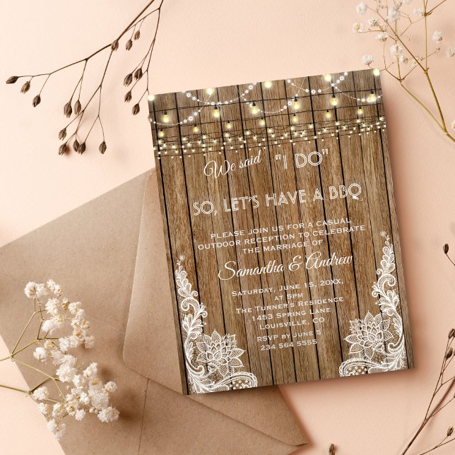 Convite Luzes de Corda Rastreada do Campo Eu CHURRASCO Con (we said I DO invitation, rustic lace wood bbq after invite, modern wood string lights wedding bbq)