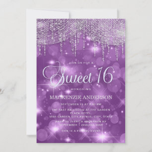 Convite Luzes de Corda Roxa brilham Bokeh Sweet 16