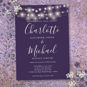 Convite Luzes de Corda Roxas Elegantes Casamento Script
