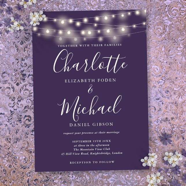 Convite Luzes de Corda Roxas Elegantes Casamento Script  (String Lights Purple Elegant Script Wedding Invitation)