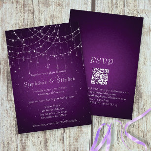 Convite Luzes de Corda Roxas Elegantes Código QR Casamento