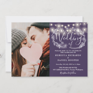 Convite Luzes de Corda Roxas Florais Foto Casamento