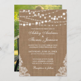 Convite Luzes de Corda Rustic Wedlap Lace Invite P