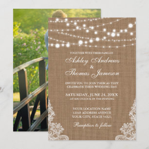 Convite Luzes de Corda Rustic Wedlap Lace Invite P