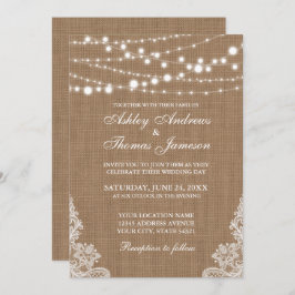 Convite Luzes de Corda Rustic Wedlap Lace Invite PB
