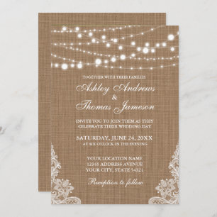 Convite Luzes de Corda Rustic Wedlap Lace Invite PB