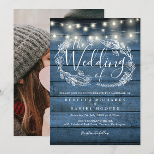 Convite Luzes de Corda Rústicas Azuis para Casamento com F