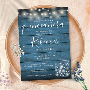 Convite Luzes de Corda Rústicas Azuis Script Quinceañera 1