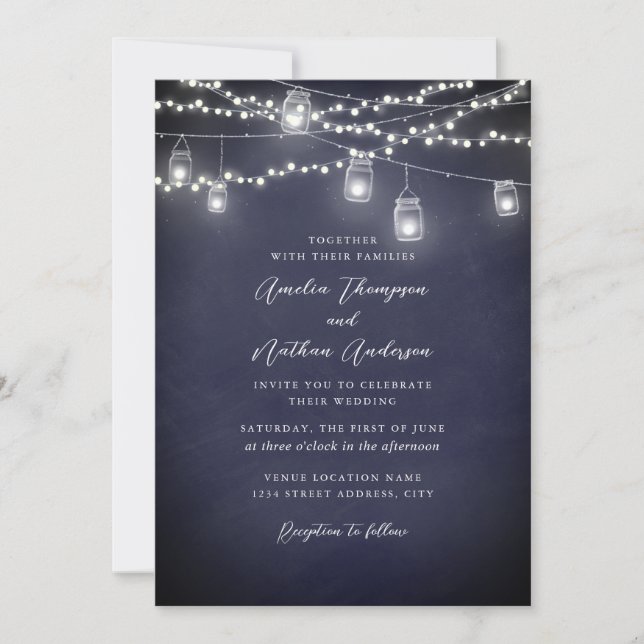 Convite Luzes de Corda Rústicas Marinho Casamento (Frente)