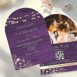 Convite Luzes de Corda Rústicas Roxas Código QR Casamento