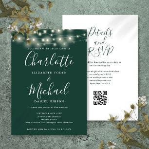 Convite Luzes de Corda Script Esmeralda Código QR Casament