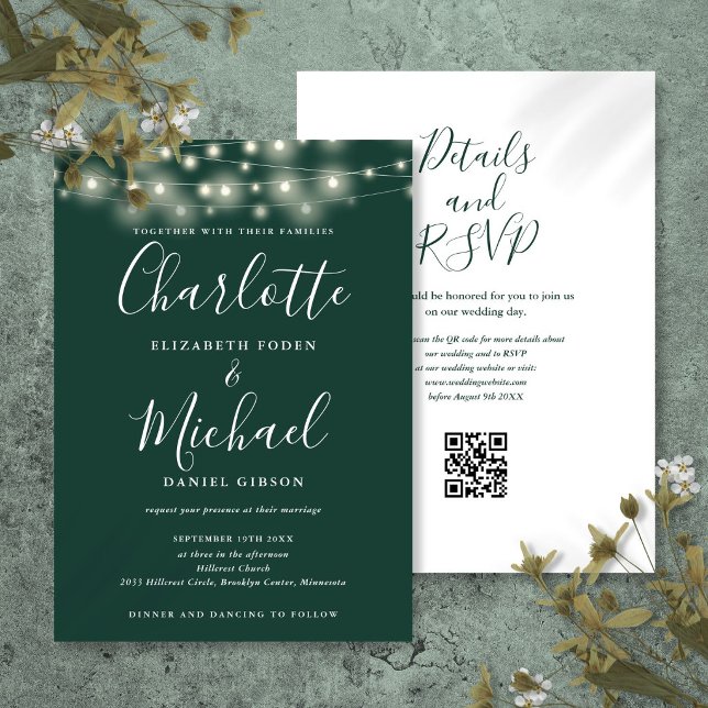 Convite Luzes de Corda Script Esmeralda Código QR Casament (String Lights Script Emerald Green QR Code Wedding Invitation
)