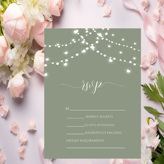 Convite Luzes de Corda Simples Verde Sage Casamento RSVP   (Criador carregado)