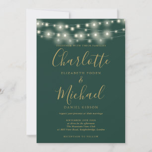 Convite Luzes de Corda Verde Dourado Elegante Casamento Sc