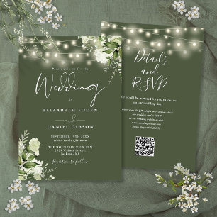 Convite Luzes de Corda Verde Oliva Floral Código QR Casame