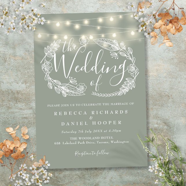Convite Luzes de Corda Verde Sage Roteiro Casamento (Sage Green String Lights Script Wedding Invitation)