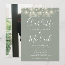 Convite Luzes de Corda Verde Sage Script Foto Casamento 