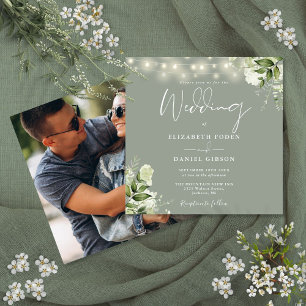 Convite Luzes de Corda Verde Salvia Floral Foto Casamento