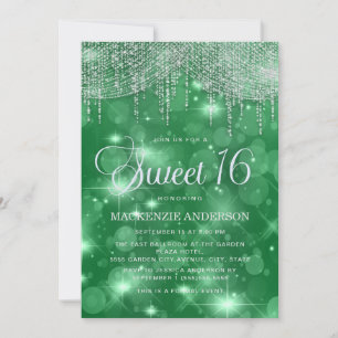 Convite Luzes de Corda Verdes Bokeh Sweet 16