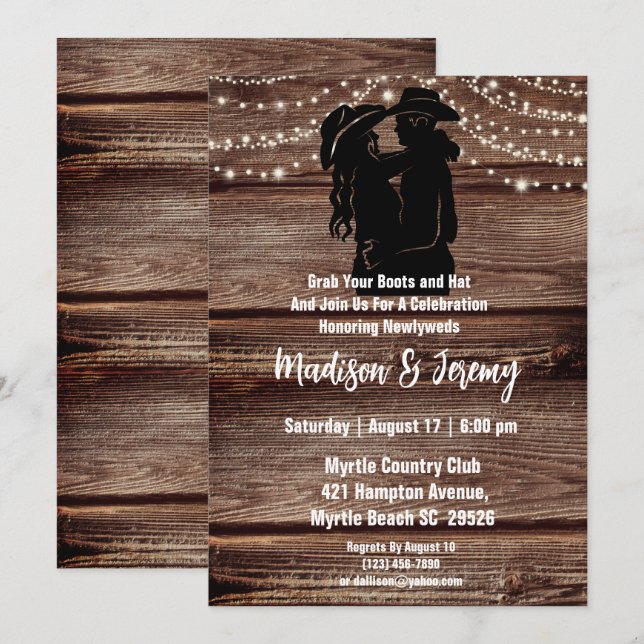 Convite Luzes de cordão com silhueta ocidental rústica par (Frente/Verso)