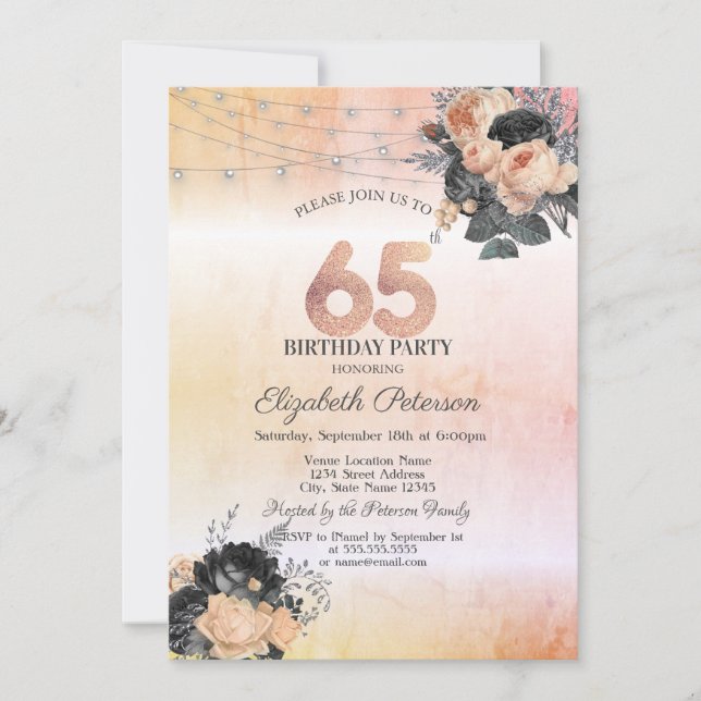 Convite Luzes de Cordão de Rosas Laranja Chic Aniversário  (Frente)