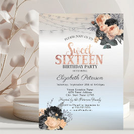 Convite Luzes de Cordão de Rosas Laranja Prata Sweet 16