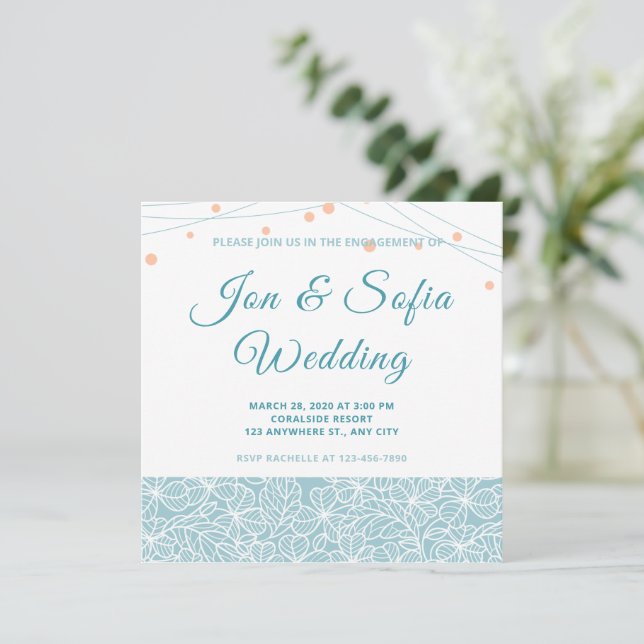 Convite Luzes De Cordas Elegantes Com Floral Azul (Em pé/Frente)