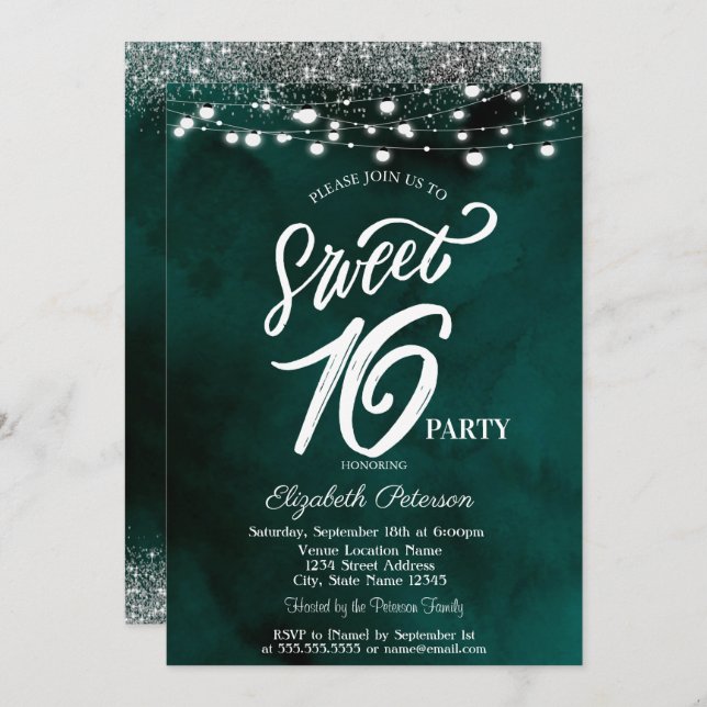 Convite Luzes de Cordas Elegantes Confetti Green Sweet 16 (Frente/Verso)